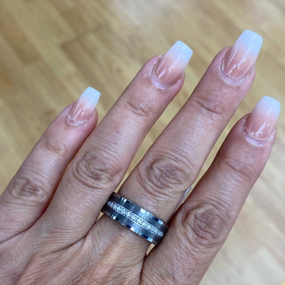 8MM PIPE CUT CZ ETERNITY TUNGSTEN WEDDING BAND - Picture 8 of 8